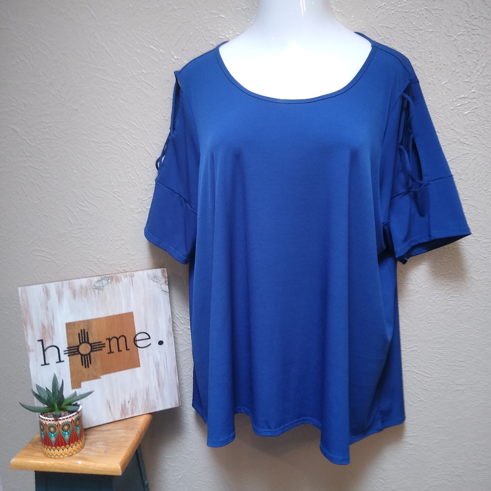 Avenue Royal Blue Lattice short sleeve Blouse Tunic Women's Plus size 26-28